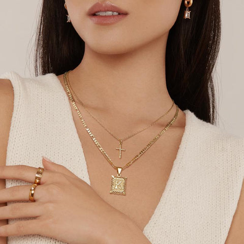 14K Initial Necklace with Cross – Layered Gold Letter Pendant