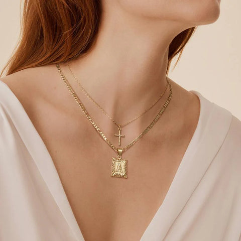 14K Initial Necklace with Cross – Layered Gold Letter Pendant
