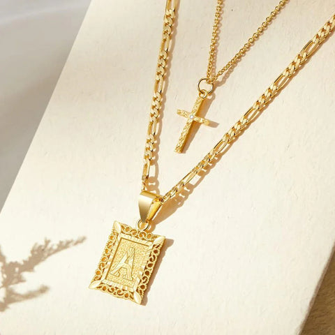 14K Initial Necklace with Cross – Layered Gold Letter Pendant
