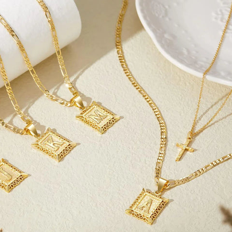 14K Initial Necklace with Cross – Layered Gold Letter Pendant