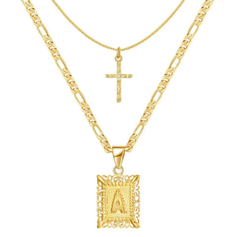 14K Initial Necklace with Cross – Layered Gold Letter Pendant