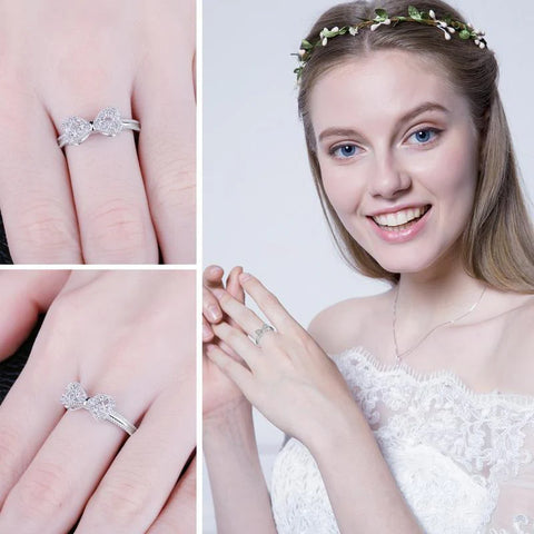 Bow Ring for Women – Silver Ribbon Ring with Crystals