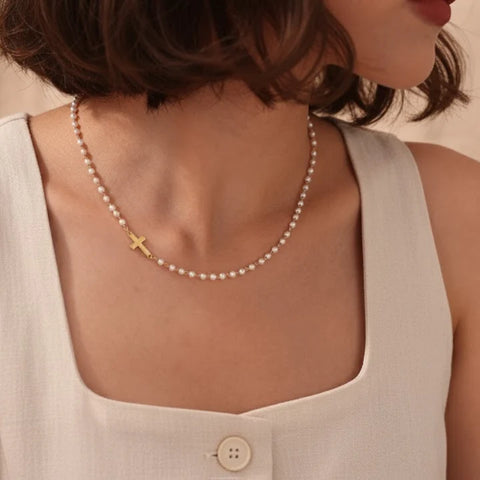 Pearl Cross Necklace – 14K Gold Faith Pearl Necklace