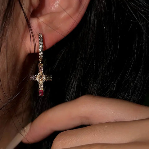 Colorful Cross Huggie Earrings with Zircon Stones