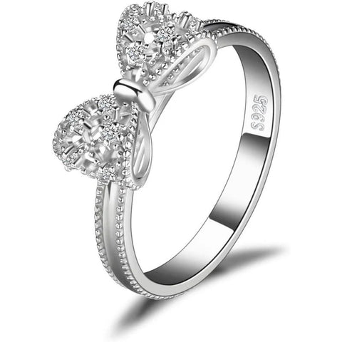 Bow Ring for Women – Silver Ribbon Ring with Crystals