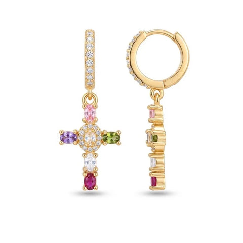 Colorful Cross Huggie Earrings with Zircon Stones
