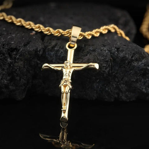 Crucifix Cross Necklace – 14K Gold Plated Rope Chain