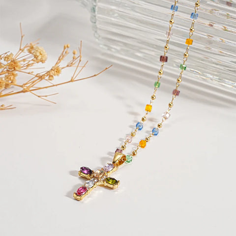 Dainty Colorful Gem Set Cross Necklace