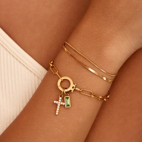Paperclip Birthstone Cross Charm Bracelet