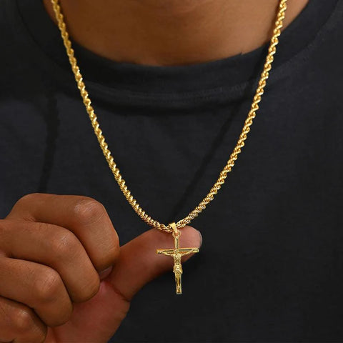 Crucifix Cross Necklace – 14K Gold Plated Rope Chain