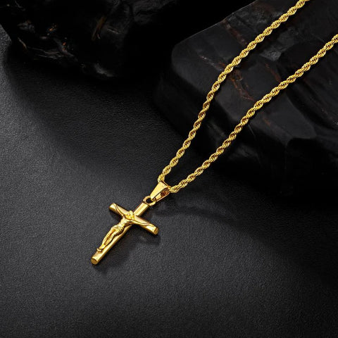 Crucifix Cross Necklace – 14K Gold Plated Rope Chain