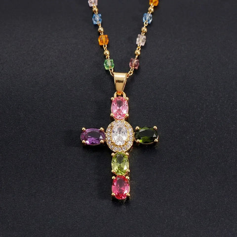 Dainty Colorful Gem Set Cross Necklace