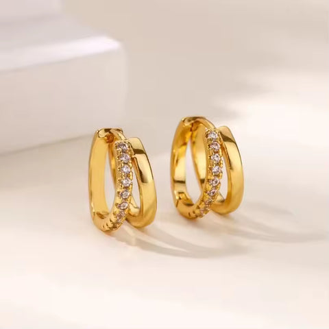 Double Hoop Earrings with Zircon – 18K Gold Plated